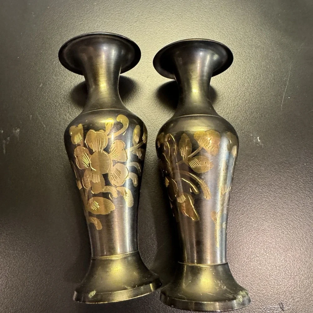 Brass Floral Etched Vase Vintage Marked India Solid Brass‎ Set Of 2